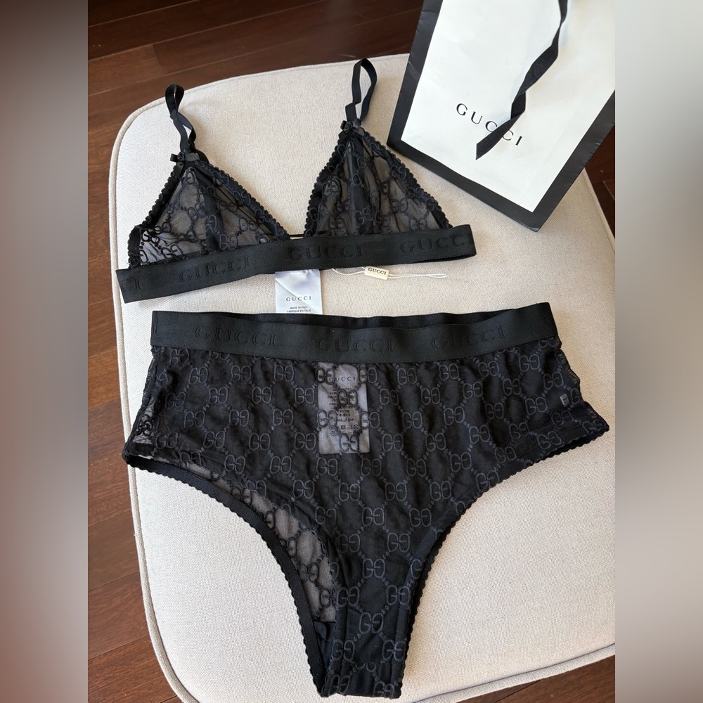Gucci Black GG Embroidered Tulle Sheer Lingerie Set L New Condition Mesh Logo GG - Picture 4 of 16